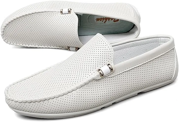 Mens Loafers Hollow Out Breathable Round Toe Vegan Leather Driving Loafers Slip Resistant Flat Heel Comfortable Wedding Casual Slip-ons
