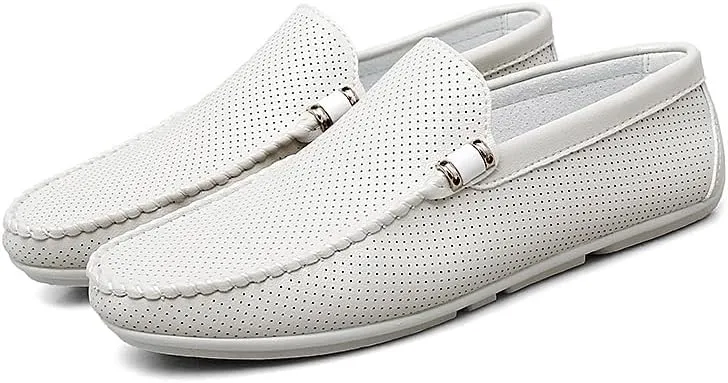 Mens Loafers Hollow Out Breathable Round Toe Vegan Leather Driving Loafers Slip Resistant Flat Heel Comfortable Wedding Casual Slip-ons