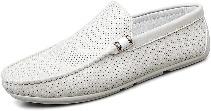 Mens Loafers Hollow Out Breathable Round Toe Vegan Leather Driving Loafers Slip Resistant Flat Heel Comfortable Wedding Casual Slip-ons