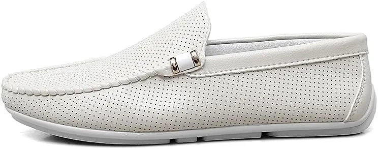 Mens Loafers Hollow Out Breathable Round Toe Vegan Leather Driving Loafers Slip Resistant Flat Heel Comfortable Wedding Casual Slip-ons