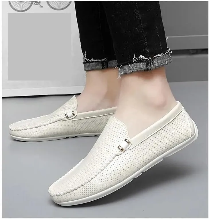 Mens Loafers Hollow Out Breathable Round Toe Vegan Leather Driving Loafers Slip Resistant Flat Heel Comfortable Wedding Casual Slip-ons