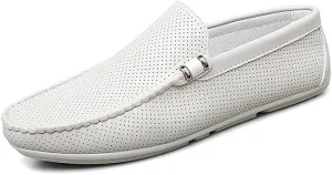 Mens Loafers Hollow Out Breathable Round Toe Vegan Leather Driving Loafers Slip Resistant Flat Heel Comfortable Wedding Casual Slip-ons