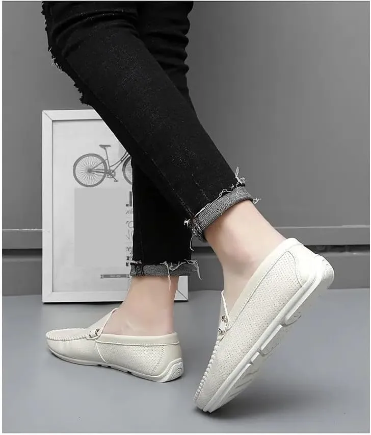 Mens Loafers Hollow Out Breathable Round Toe Vegan Leather Driving Loafers Slip Resistant Flat Heel Comfortable Wedding Casual Slip-ons