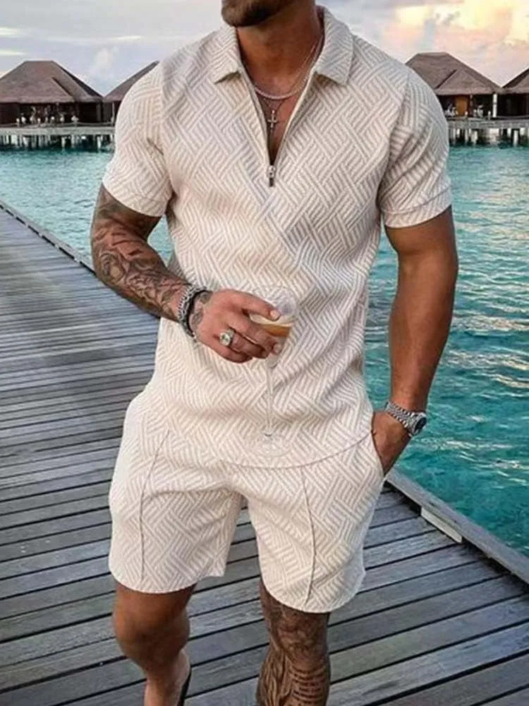 Mens Short Sets Summer 2 Piece Outfits Textured Short Sleeve Zipper Polo Shirts and Drawstring Shorts Sport Tracksuit