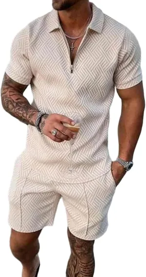 Mens Short Sets Summer 2 Piece Outfits Textured Short Sleeve Zipper Polo Shirts and Drawstring Shorts Sport Tracksuit