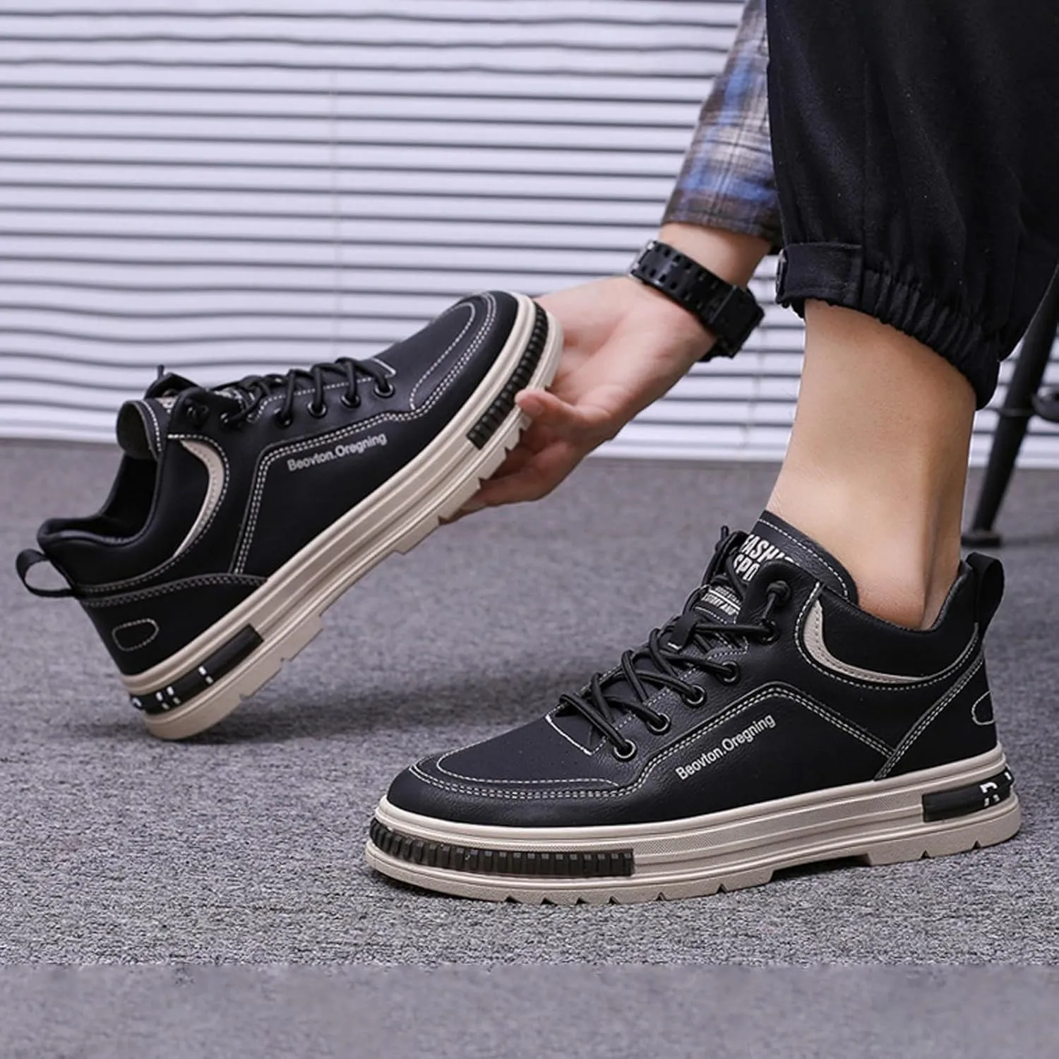 Men's Solid Color Casual Flat Leather Shoes Fashion Lace Up Loafers Sneaker Socks Mens Shoes Sneaker