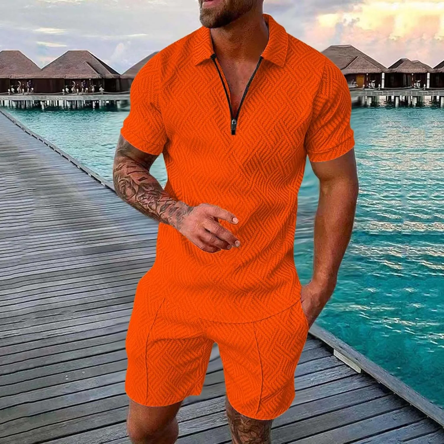 Men's Track Suits 2 Piece Striped Quarter Zipper Summer Sets Outfits Polo Shirt Breathable Casual Short Sleeve and Shorts Set