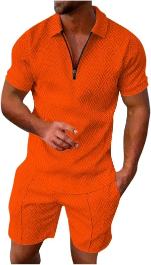 Men's Track Suits 2 Piece Striped Quarter Zipper Summer Sets Outfits Polo Shirt Breathable Casual Short Sleeve and Shorts Set