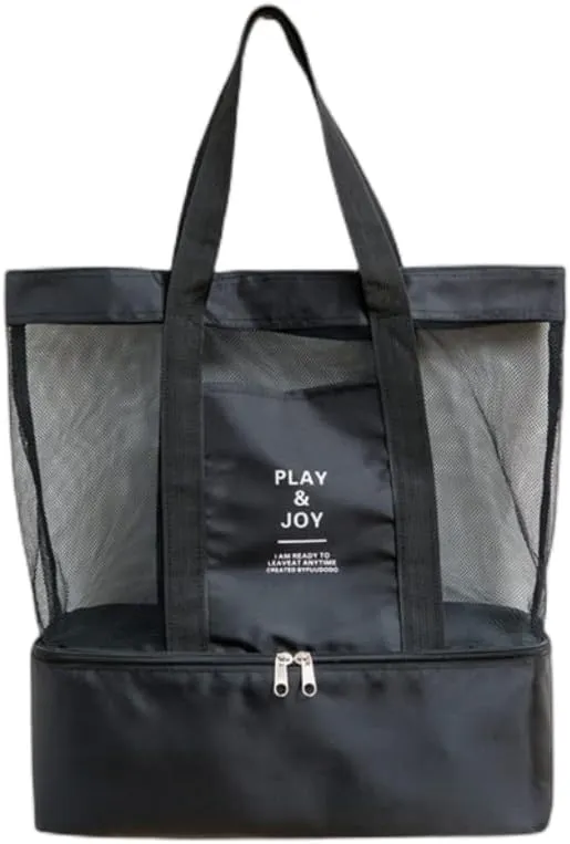Mesh Beach Bag Tote, Extra Reusable Shopping Beach Handbag Family Picnic Cooler Outdoor Grocery Organizer (Black)