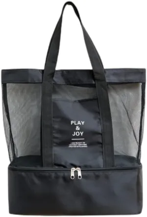 Mesh Beach Bag Tote, Extra Reusable Shopping Beach Handbag Family Picnic Cooler Outdoor Grocery Organizer (Black)
