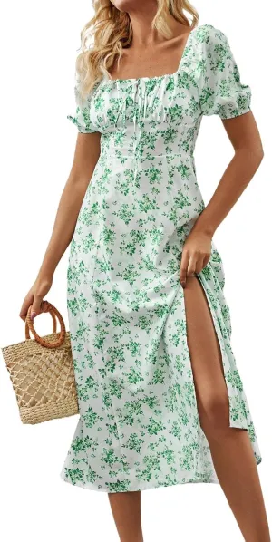 Milkmaid Dress Women Puff Sleeve Boho Floral Corset Dress Flowy Square Neck Tie Front Slit Cottage Core Maxi Dresses