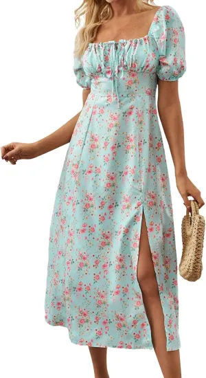 Milkmaid Dress Women Puff Sleeve Boho Floral Corset Dress Flowy Square Neck Tie Front Slit Cottage Core Maxi Dresses
