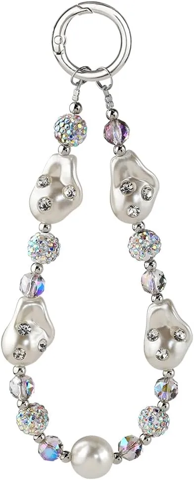 Milky Special-shaped Pearl Keychain Wristlet Purse Charms for Women Cute Bag Charms Phone Accessories, Beaded Phone Charm Bling Rhinestone Aesthetic Keychain Cellphone Wrist Strap for Camera Backpack