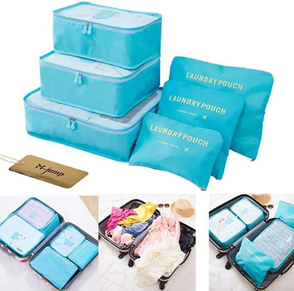 MOCOFO 6-Piece Travel Luggage Storage Bag Set - 3 Travel Storage Bags   3 Small Clothing Organizers (blue)