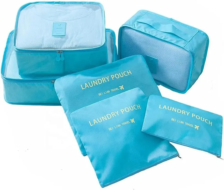MOCOFO 6-Piece Travel Luggage Storage Bag Set - 3 Travel Storage Bags   3 Small Clothing Organizers (blue)