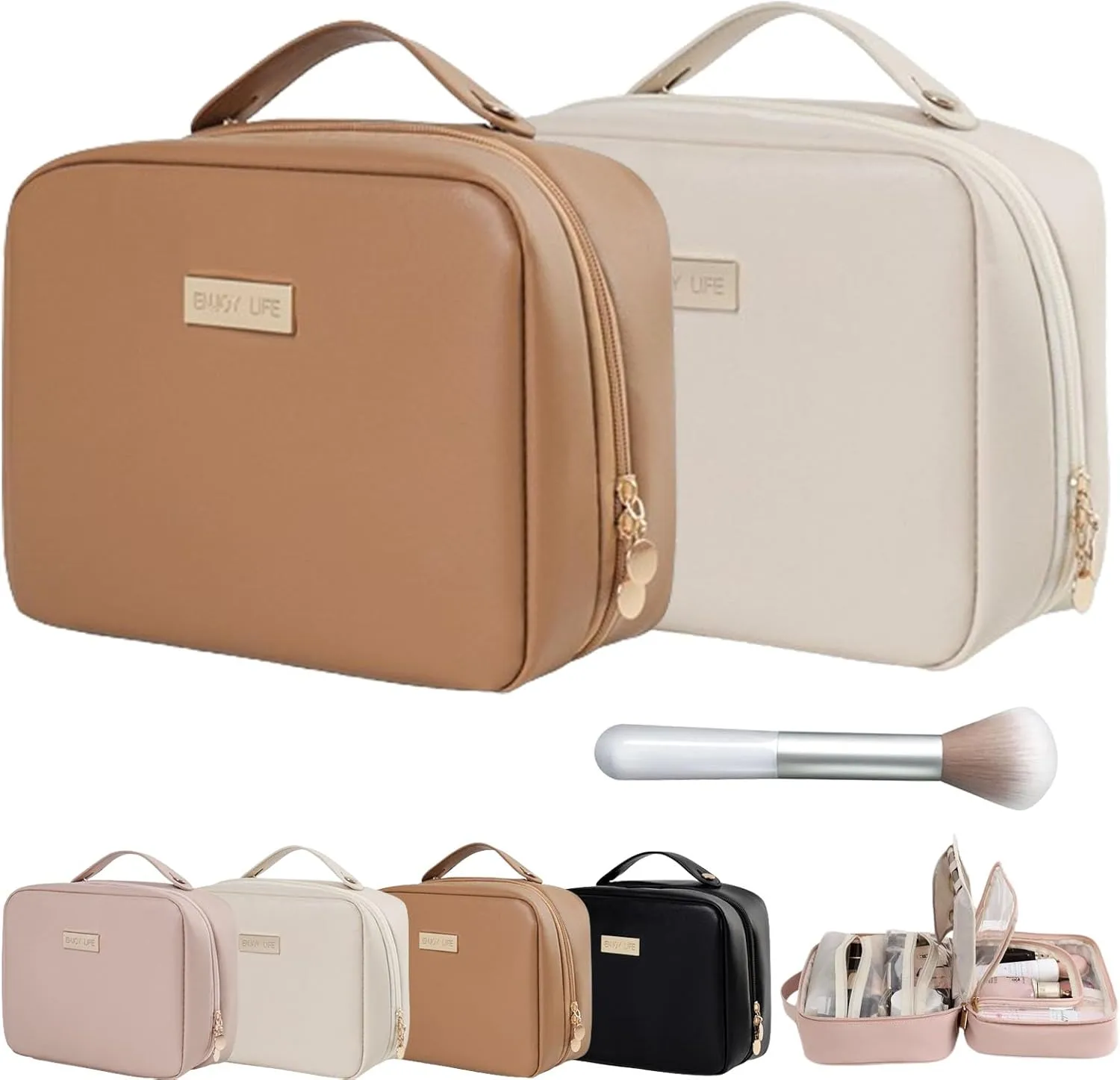 Multi Compartment Toiletry Cosmetic Bag, Set Patient Travel Makeup Bag, Set Patient Cosmetic Bag, Travel Toiletry Bag for Women (White Brown)