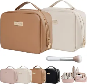 Multi Compartment Toiletry Cosmetic Bag, Set Patient Travel Makeup Bag, Set Patient Cosmetic Bag, Travel Toiletry Bag for Women (White Brown)