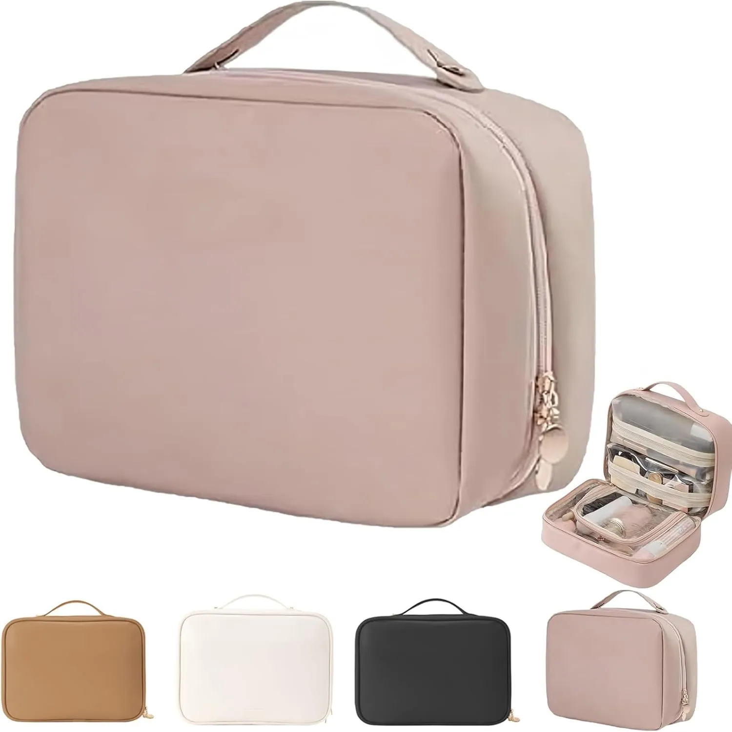 Obviousliy Multi-compartment Toiletry Cosmetics Bag, Makeup Bag Women's PU Leather Waterproof, PU Leather Large Capacity, Bathroom Travel Bag Organizer For Women (pink)