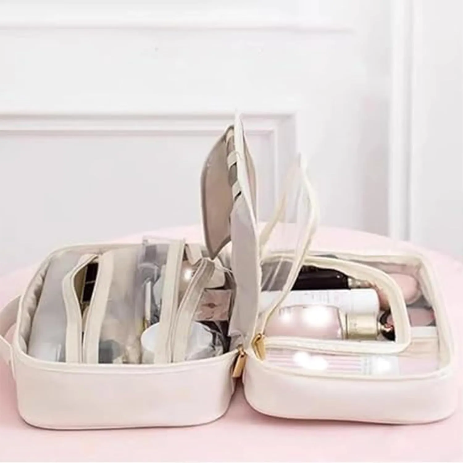Obviousliy Multi-compartment Toiletry Cosmetics Bag, Makeup Bag Women's PU Leather Waterproof, PU Leather Large Capacity, Bathroom Travel Bag Organizer For Women (pink)