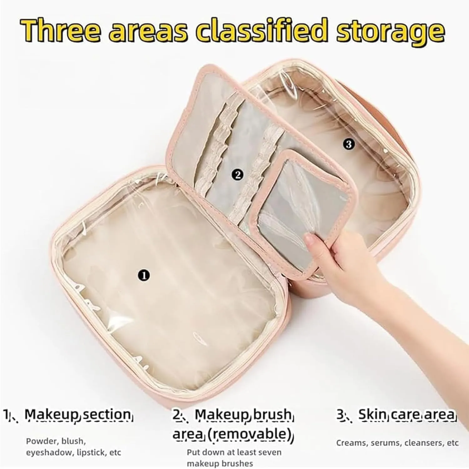 Obviousliy Multi-compartment Toiletry Cosmetics Bag, Makeup Bag Women's PU Leather Waterproof, PU Leather Large Capacity, Bathroom Travel Bag Organizer For Women (pink)