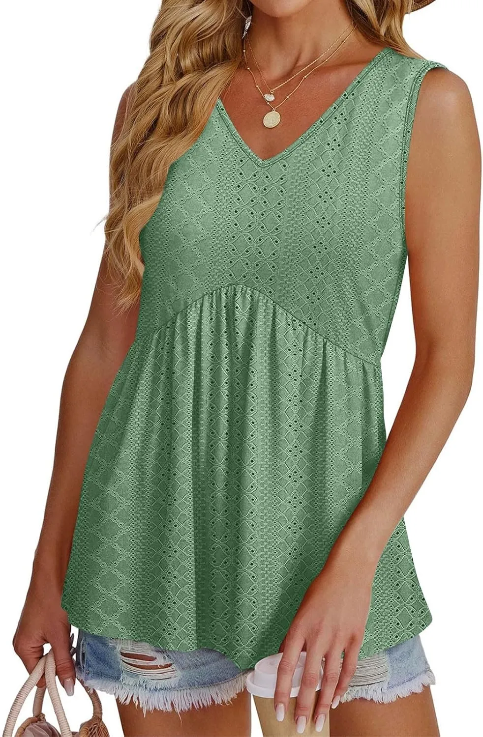 Oplxuo Womens Tank Tops Eyelet Embroidery Flowy Peplum Tops for Women Dressy Sleeveless V Neck Babydoll Tank Tops