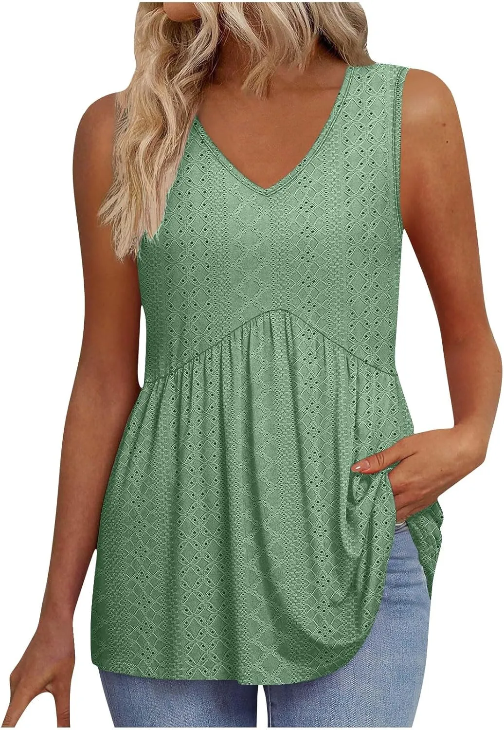 Oplxuo Womens Tank Tops Eyelet Embroidery Flowy Peplum Tops for Women Dressy Sleeveless V Neck Babydoll Tank Tops