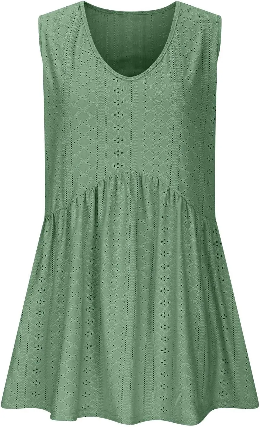 Oplxuo Womens Tank Tops Eyelet Embroidery Flowy Peplum Tops for Women Dressy Sleeveless V Neck Babydoll Tank Tops
