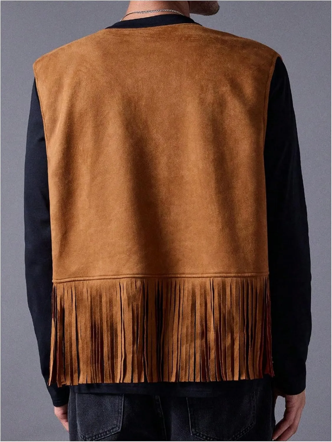 OYOANGLE Men's Boho Fringe Trim Open Front Vest Coat Sleeveless Western Cowboy Vest Waistcoat