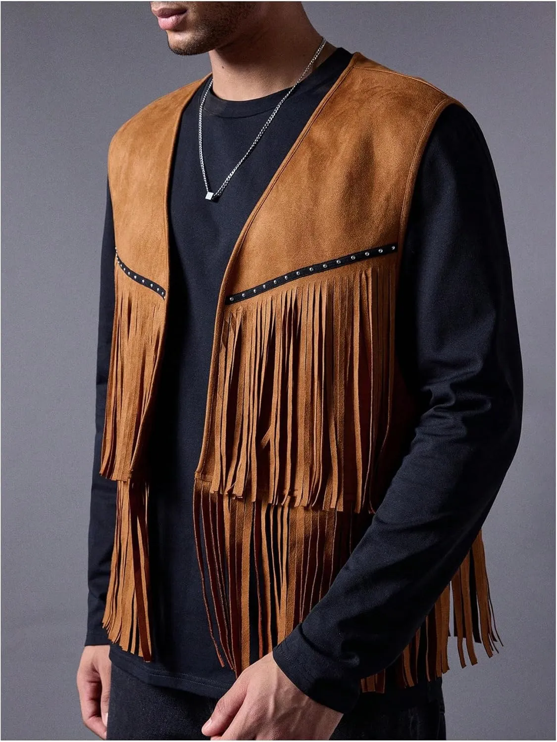 OYOANGLE Men's Boho Fringe Trim Open Front Vest Coat Sleeveless Western Cowboy Vest Waistcoat