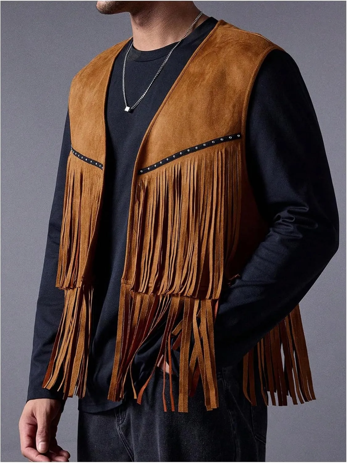 OYOANGLE Men's Boho Fringe Trim Open Front Vest Coat Sleeveless Western Cowboy Vest Waistcoat