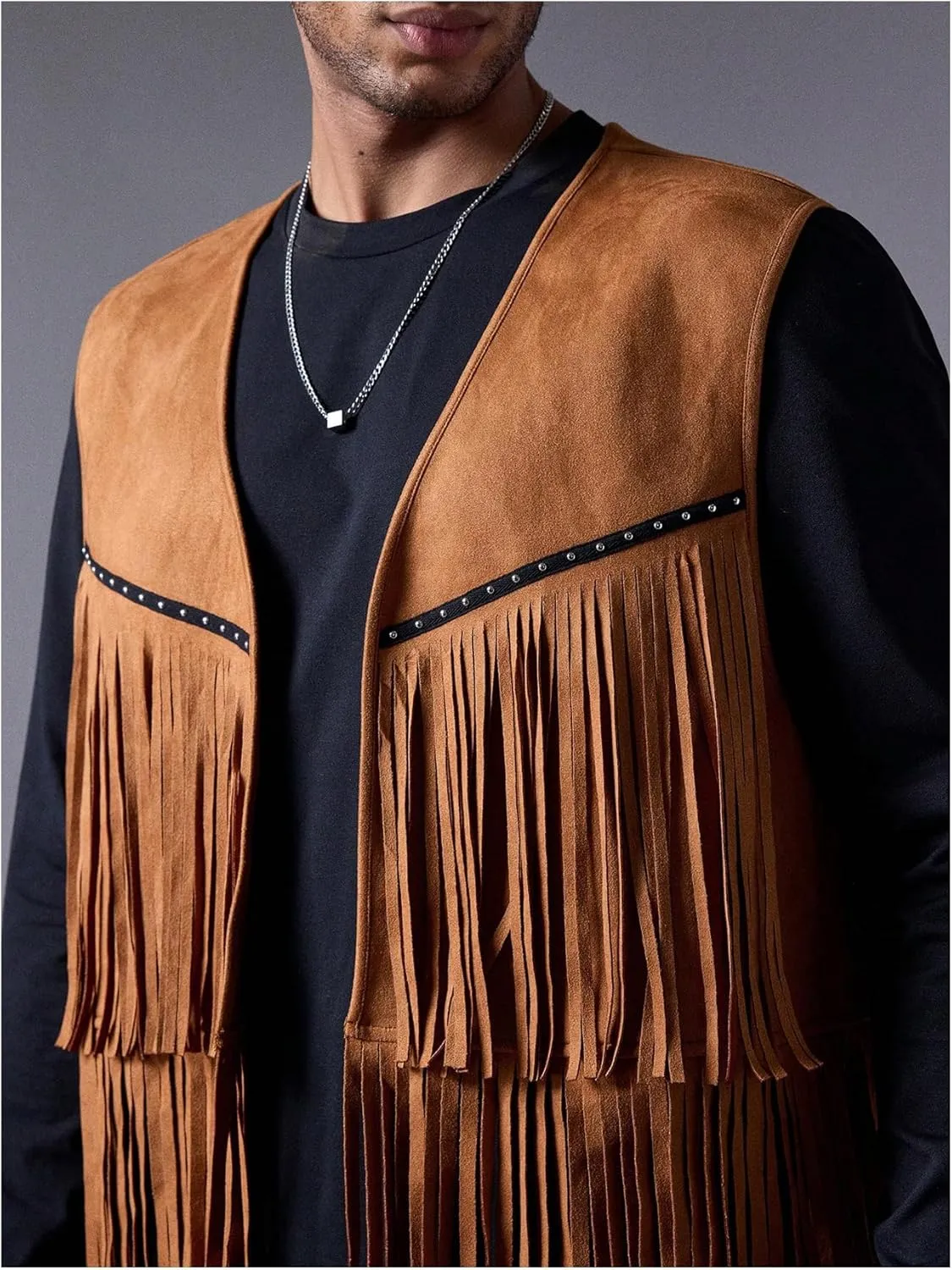 OYOANGLE Men's Boho Fringe Trim Open Front Vest Coat Sleeveless Western Cowboy Vest Waistcoat
