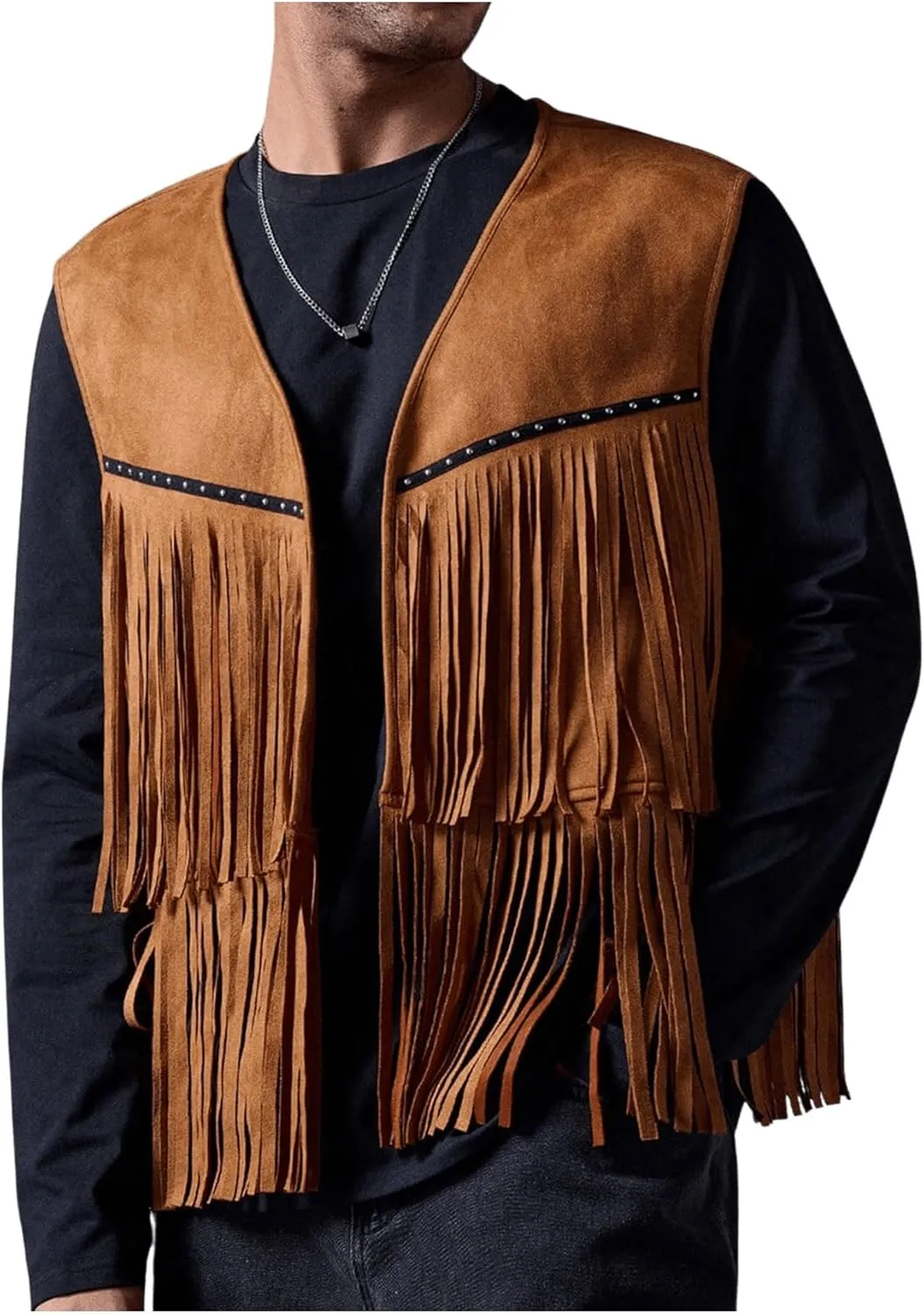 OYOANGLE Men's Boho Fringe Trim Open Front Vest Coat Sleeveless Western Cowboy Vest Waistcoat