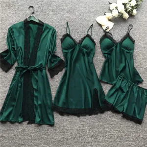 Pajamas for Women 4pcs Silk Pj Set Robe Babydoll Lingerie Satin Sleepwear Nightdress Shorts Soft Lace Nightgown Set