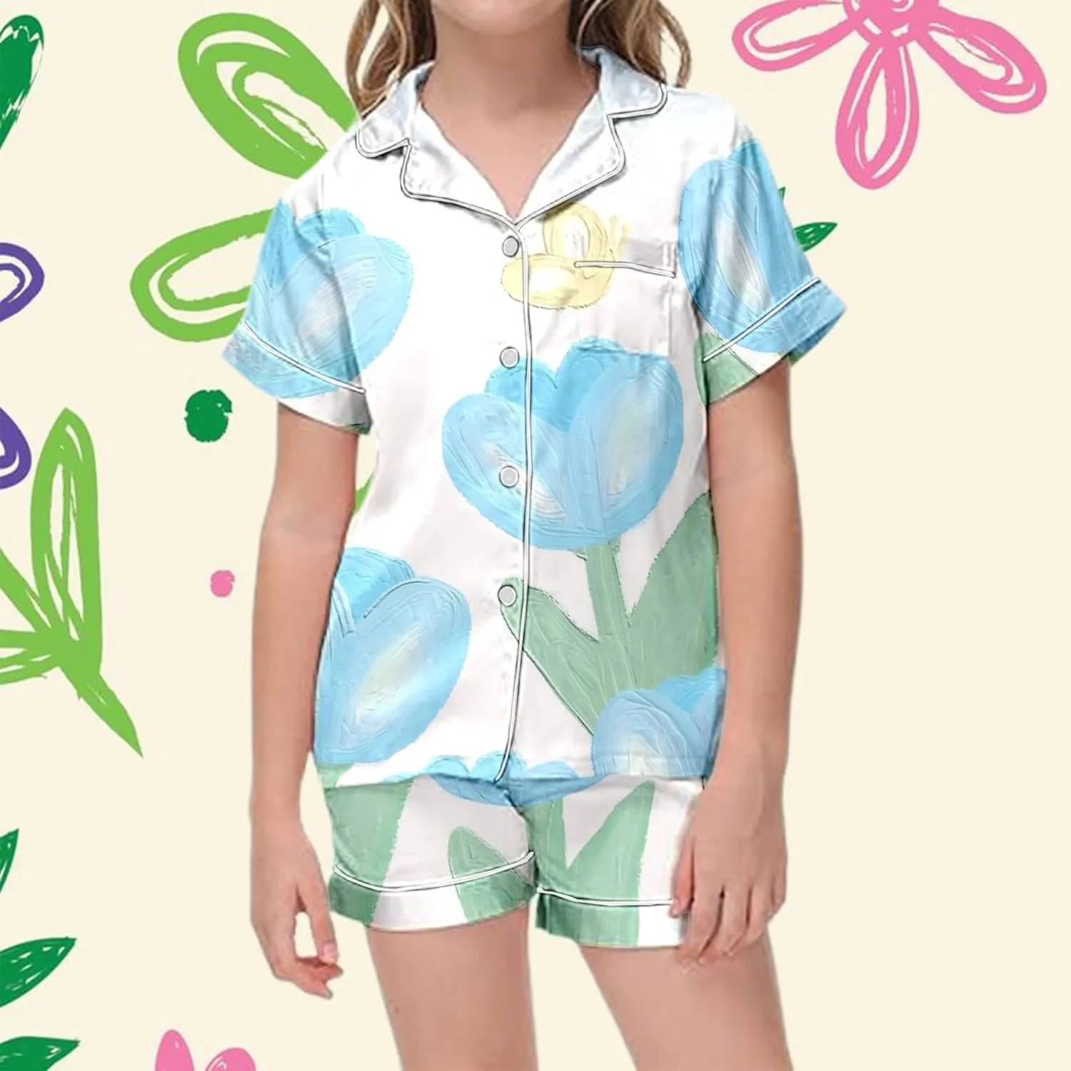 Pajamas Set Silk Satin Cute Floral Print Button Up Short Sleeve Top and Shorts Set Loungewear Sleepwear Nightgown