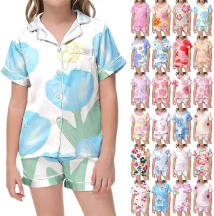Pajamas Set Silk Satin Cute Floral Print Button Up Short Sleeve Top and Shorts Set Loungewear Sleepwear Nightgown