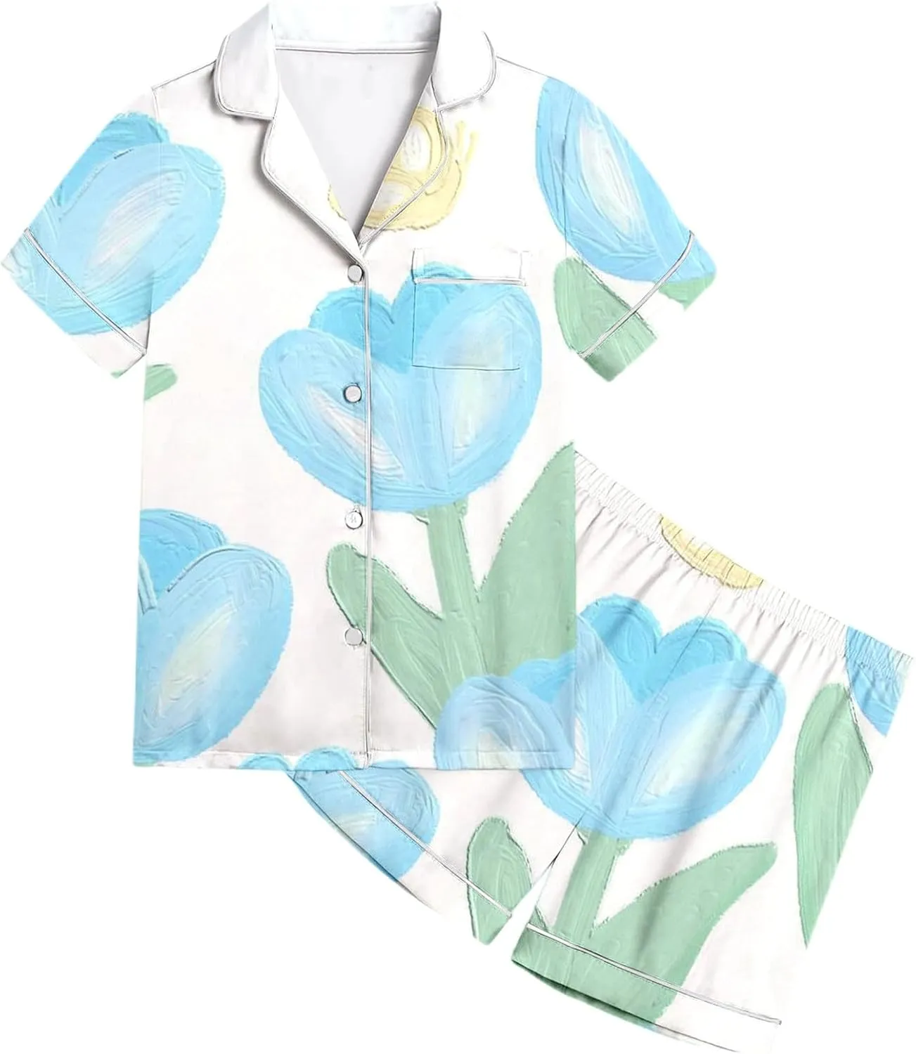 Pajamas Set Silk Satin Cute Floral Print Button Up Short Sleeve Top and Shorts Set Loungewear Sleepwear Nightgown