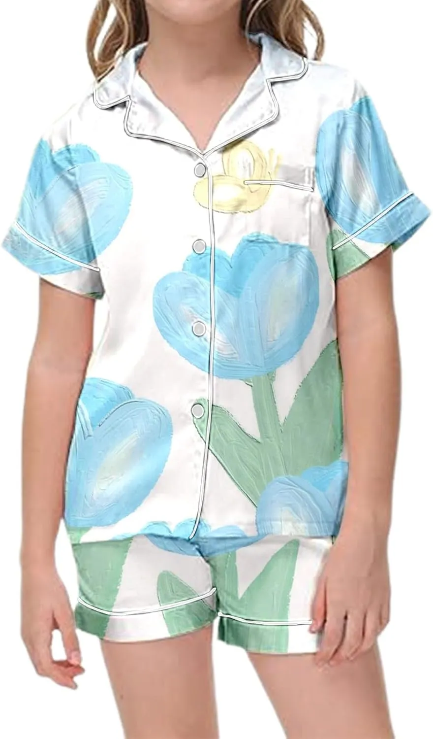 Pajamas Set Silk Satin Cute Floral Print Button Up Short Sleeve Top and Shorts Set Loungewear Sleepwear Nightgown