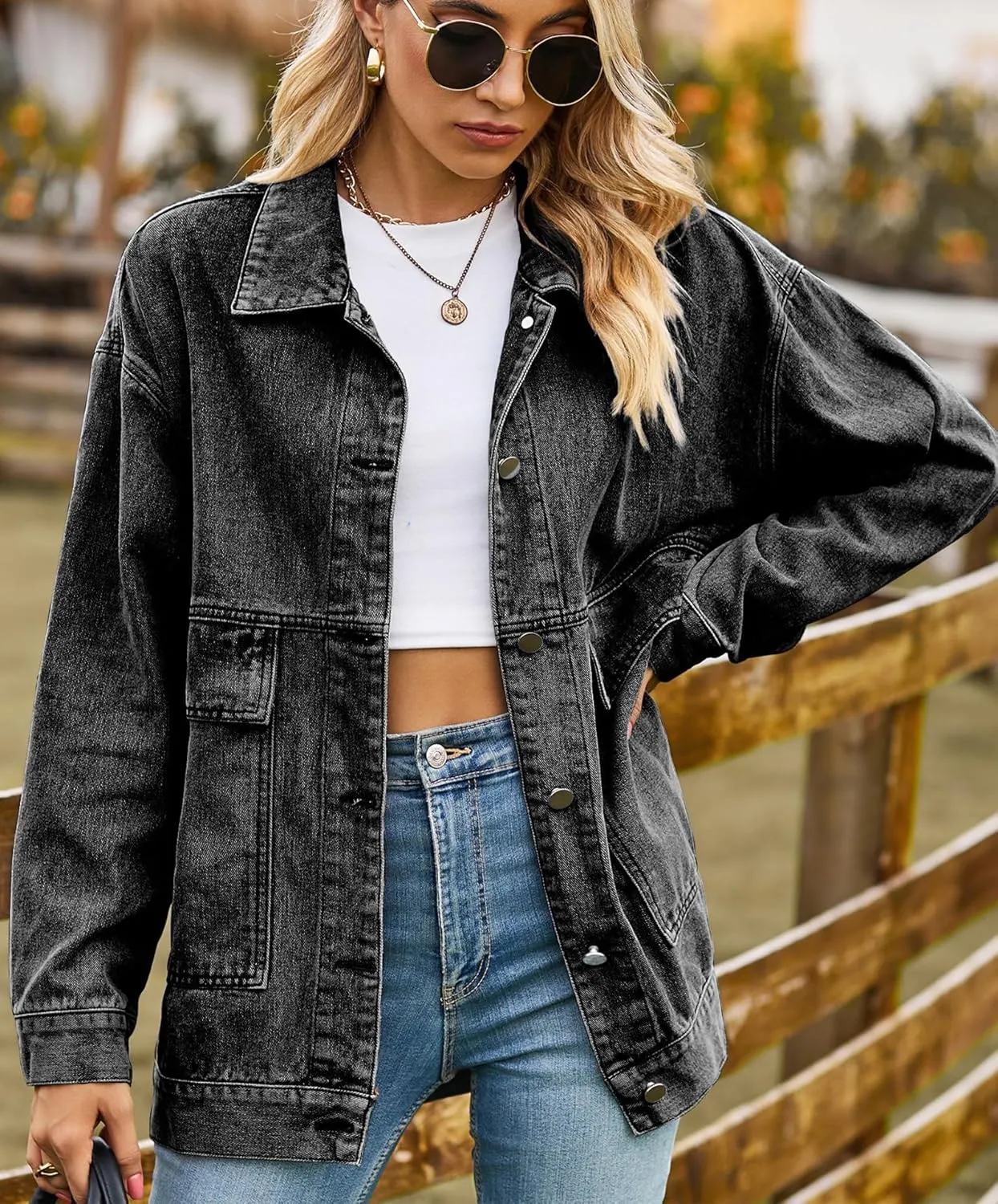 PAODIKUAI Women's Oversized Denim Jacket Casual Long Sleeve Vintage Jean Jacket Top Coat with Pockets