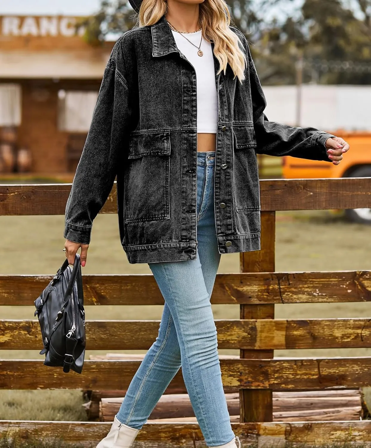PAODIKUAI Women's Oversized Denim Jacket Casual Long Sleeve Vintage Jean Jacket Top Coat with Pockets
