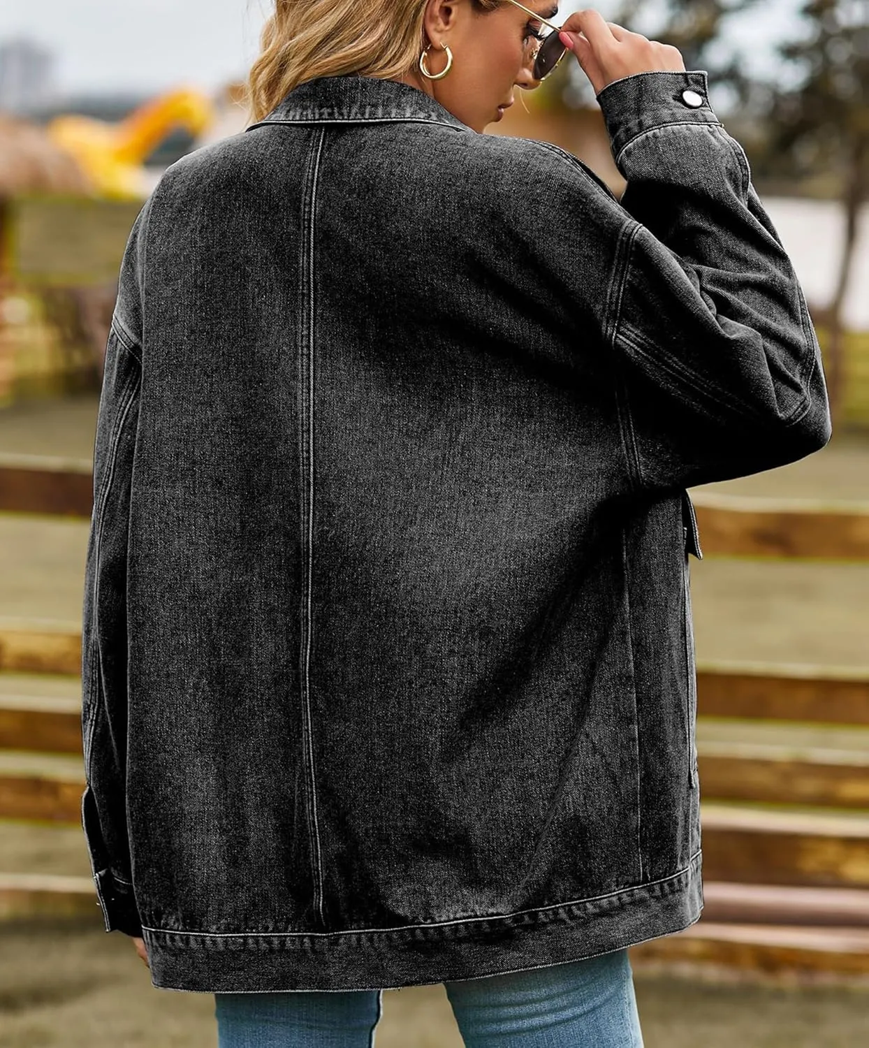 PAODIKUAI Women's Oversized Denim Jacket Casual Long Sleeve Vintage Jean Jacket Top Coat with Pockets
