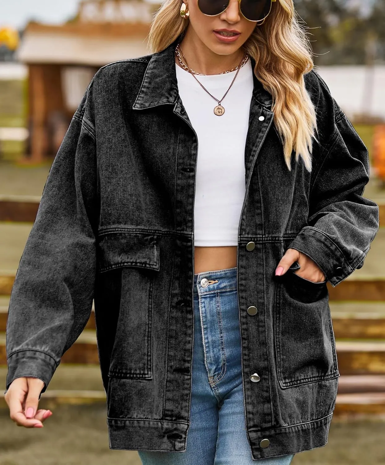 PAODIKUAI Women's Oversized Denim Jacket Casual Long Sleeve Vintage Jean Jacket Top Coat with Pockets