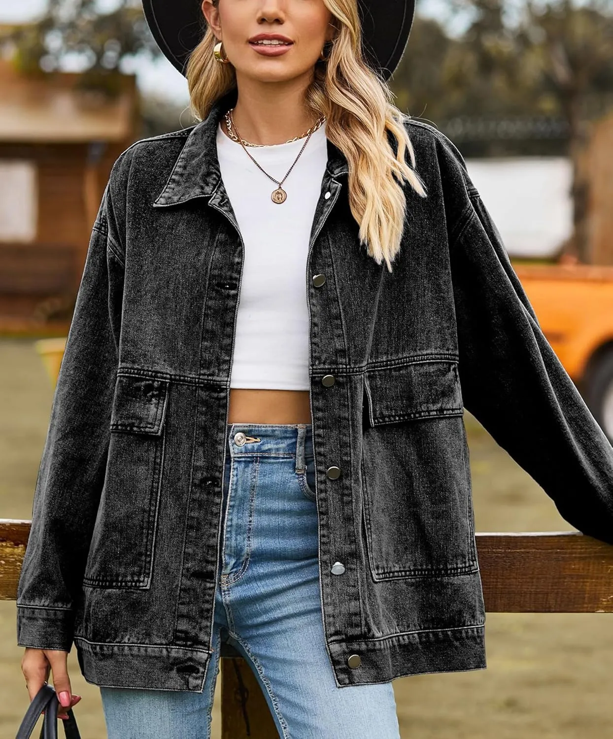 PAODIKUAI Women's Oversized Denim Jacket Casual Long Sleeve Vintage Jean Jacket Top Coat with Pockets