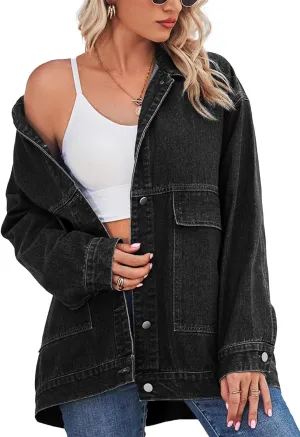 PAODIKUAI Women's Oversized Denim Jacket Casual Long Sleeve Vintage Jean Jacket Top Coat with Pockets