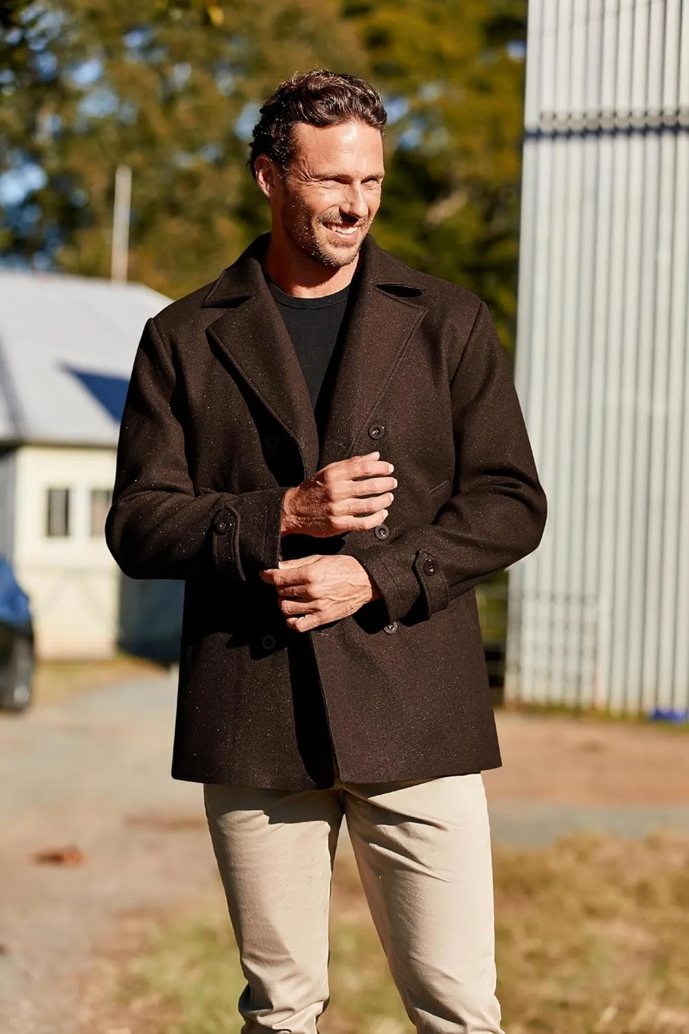 PASLTER Mens Classic Business Pea Coat Winter Warm Double Breasted Heavyweight Trench Coats