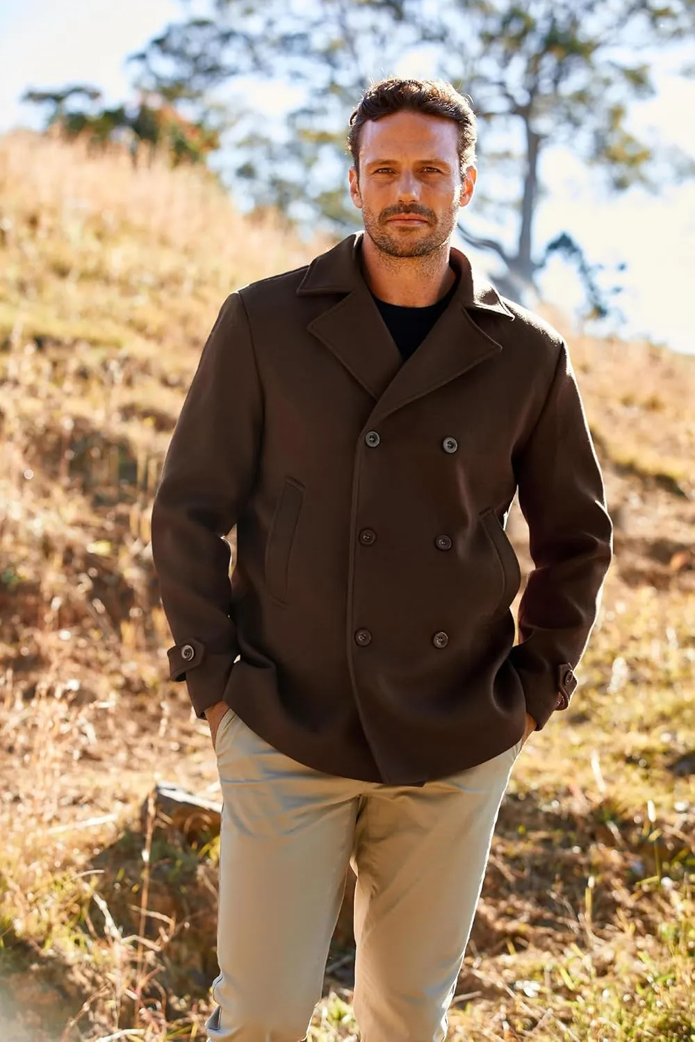 PASLTER Mens Classic Business Pea Coat Winter Warm Double Breasted Heavyweight Trench Coats