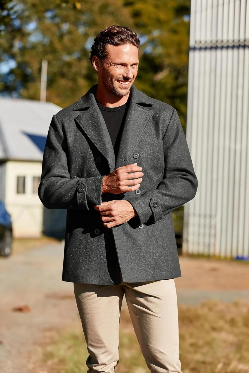 PASLTER Mens Classic Business Pea Coat Winter Warm Double Breasted Heavyweight Trench Coats