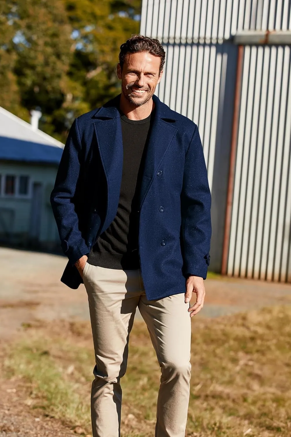 PASLTER Mens Classic Business Pea Coat Winter Warm Double Breasted Heavyweight Trench Coats