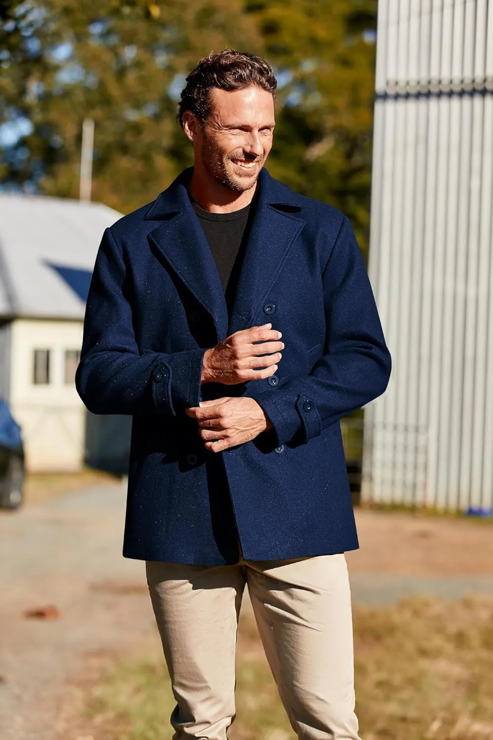 PASLTER Mens Classic Business Pea Coat Winter Warm Double Breasted Heavyweight Trench Coats