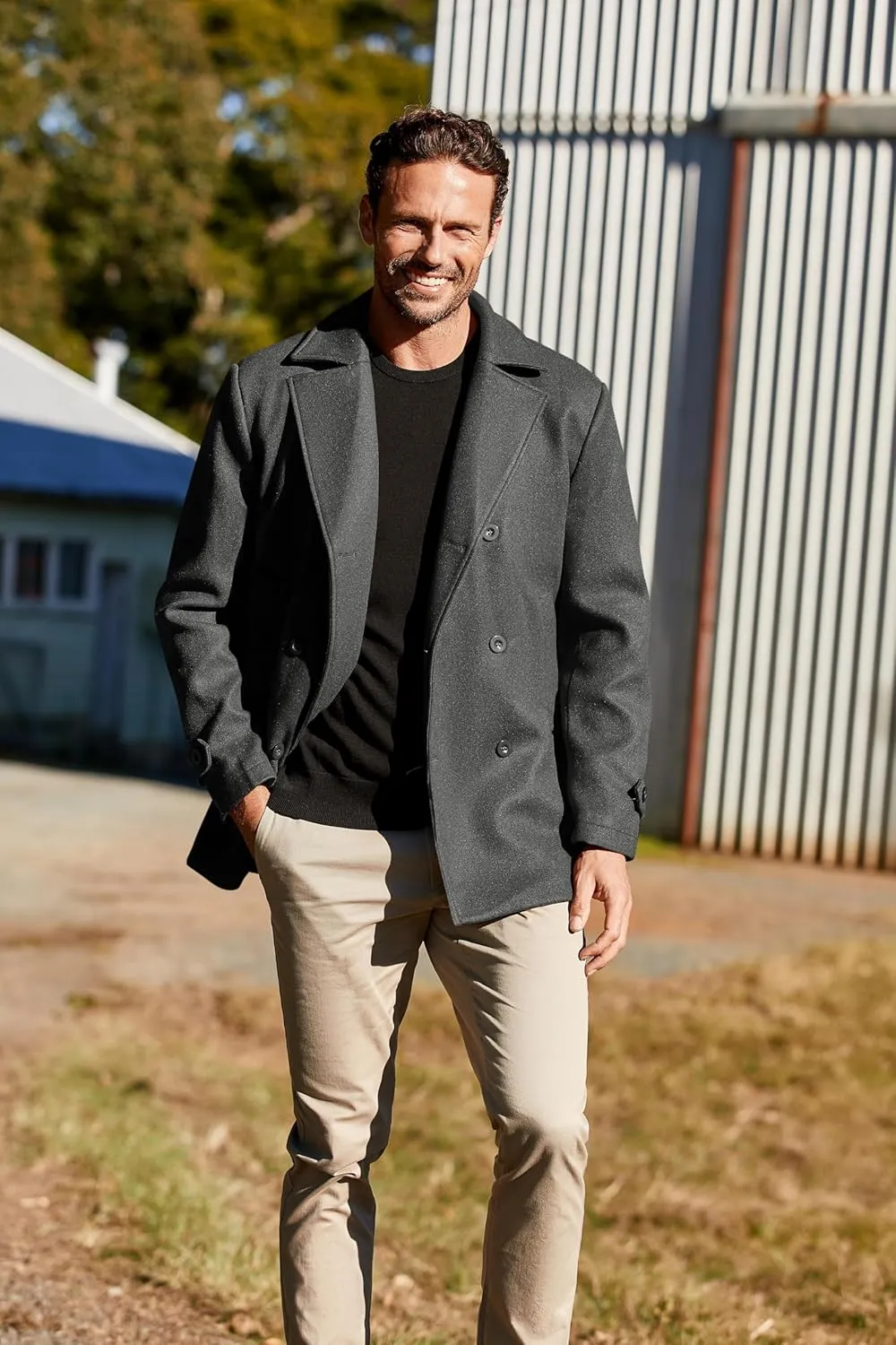 PASLTER Mens Classic Business Pea Coat Winter Warm Double Breasted Heavyweight Trench Coats