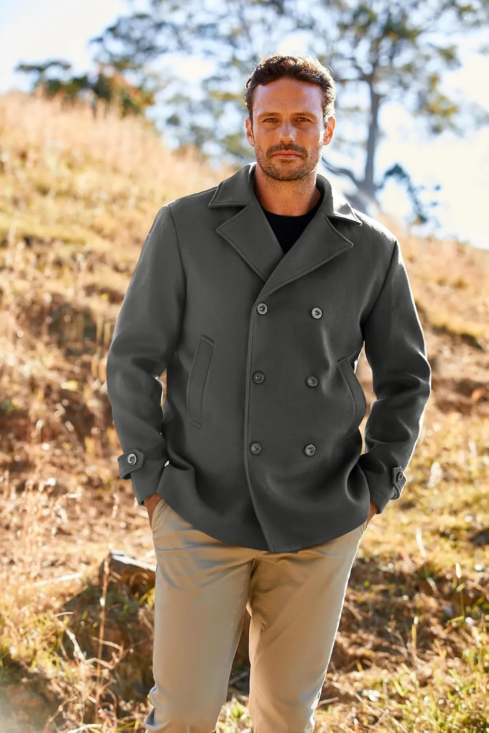PASLTER Mens Classic Business Pea Coat Winter Warm Double Breasted Heavyweight Trench Coats